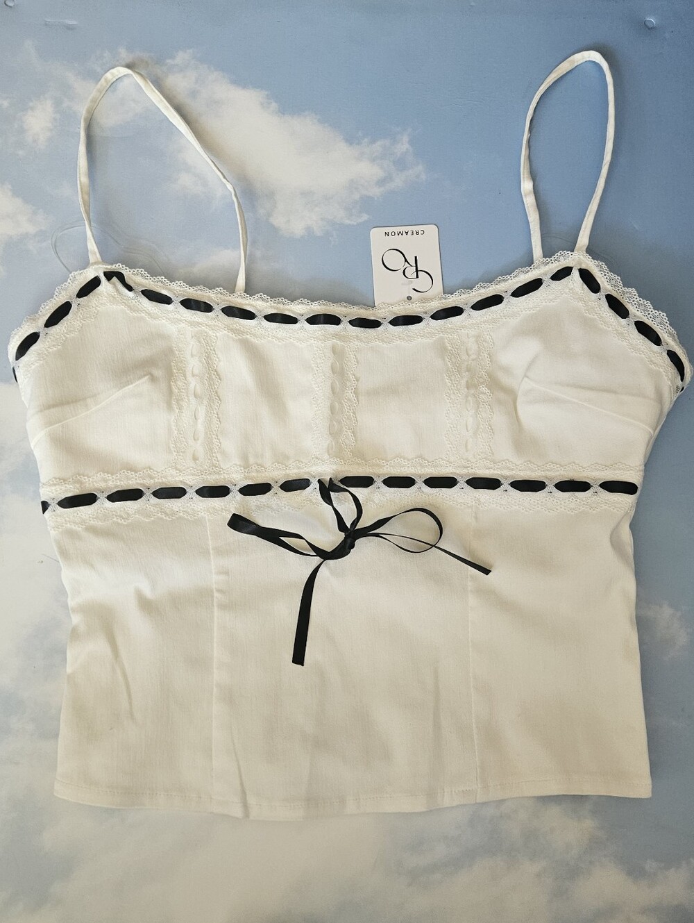 Cream Lace-Trim Cami Top with Black Ribbon